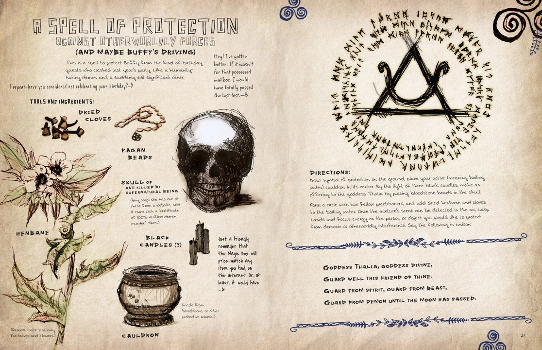 A two-spread from the book featuring drawings and text depicting a protection spell.