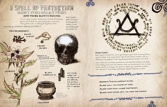 A two-spread from the book featuring drawings and text depicting a protection spell.
