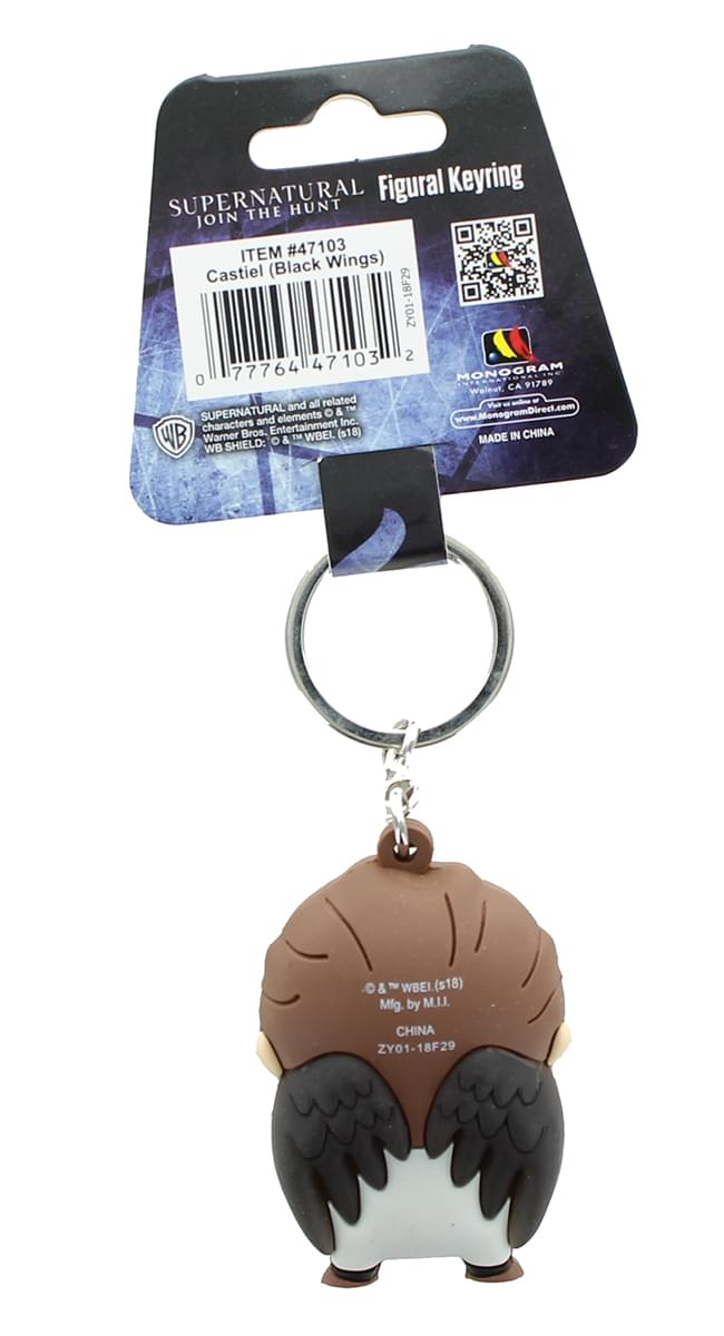 A foam keychain depicting the angel Castiel, with black wings.