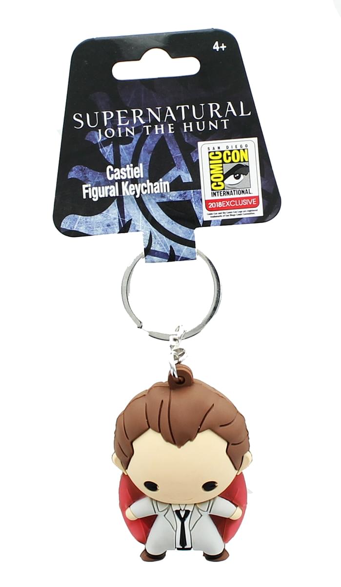 A foam keychain depicting the angel Castiel, with red wings.