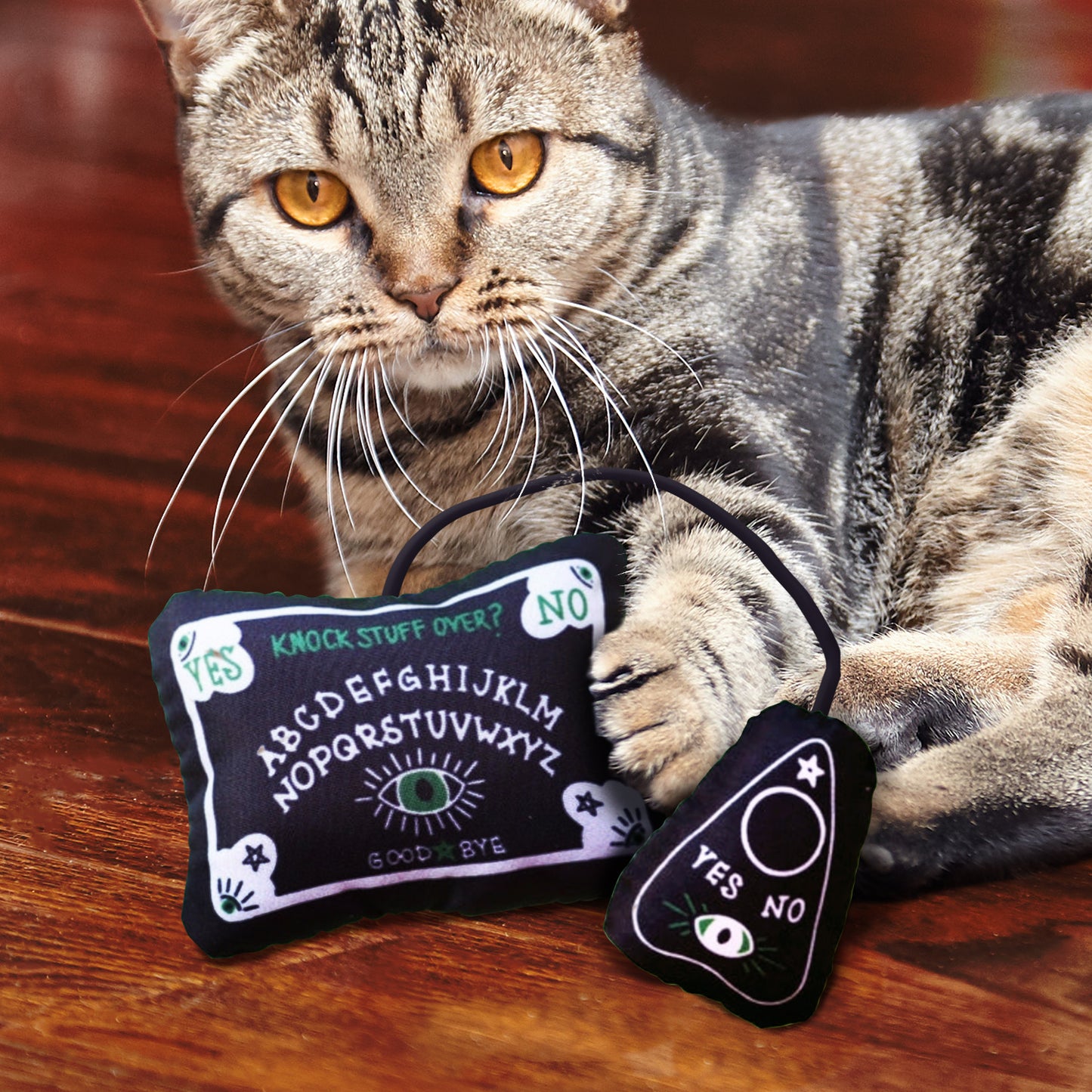 A black and brown striped cat on a wooden floor, clutching a black catnip toy in its paws. The toy is shaped like a tiny Ouija board with an attached planchette