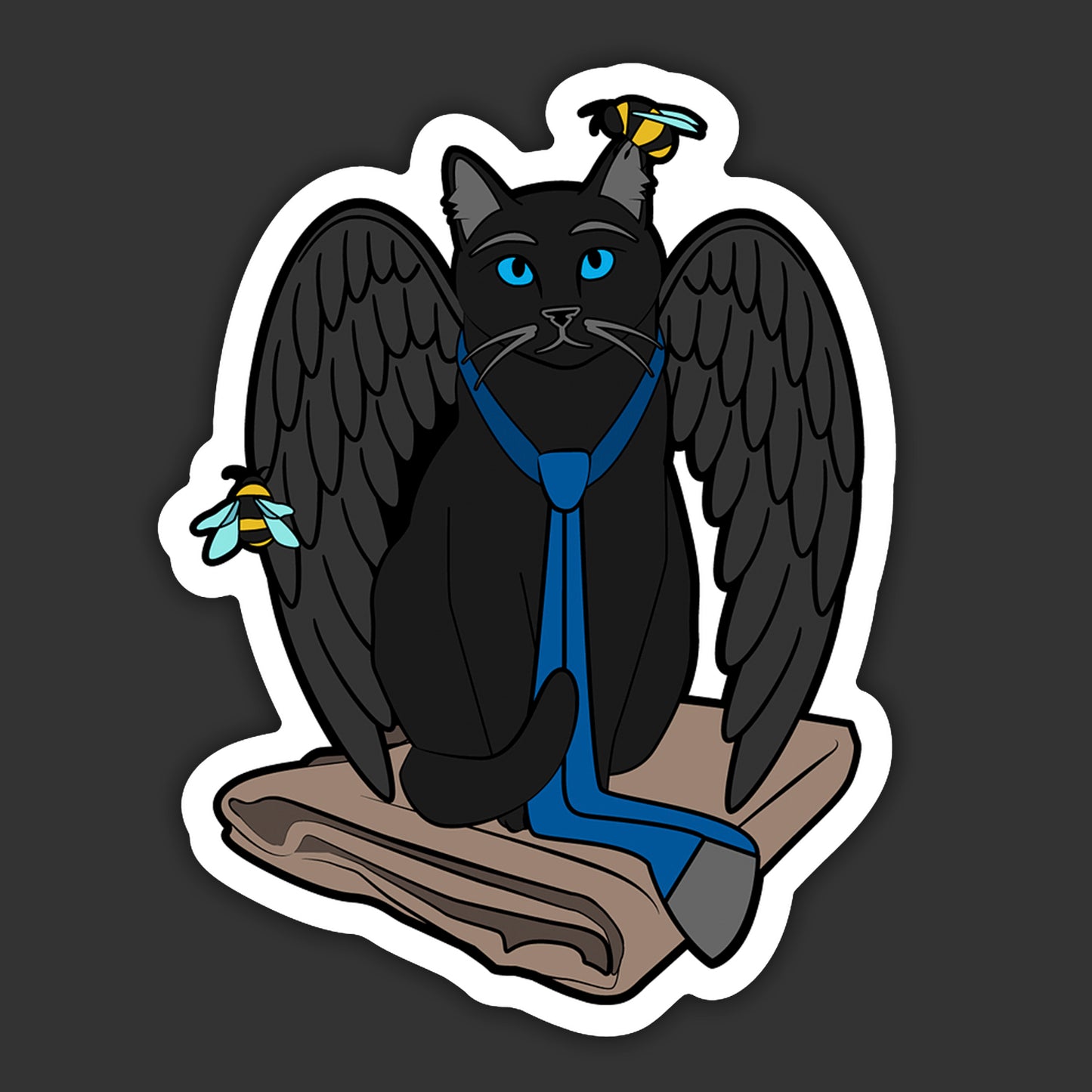 Illustration of a black cat with wings and a blue tie on a dark background