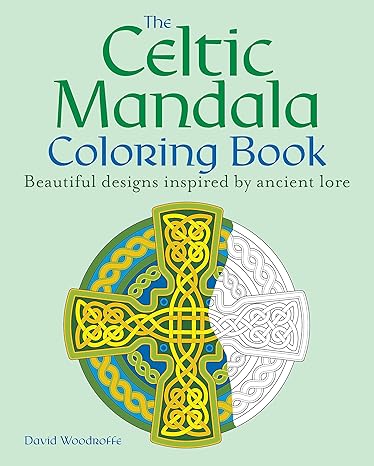 A green coloring book with a celtic cross on the cover. Green and blue text says The Celtic Mandala coloring book.