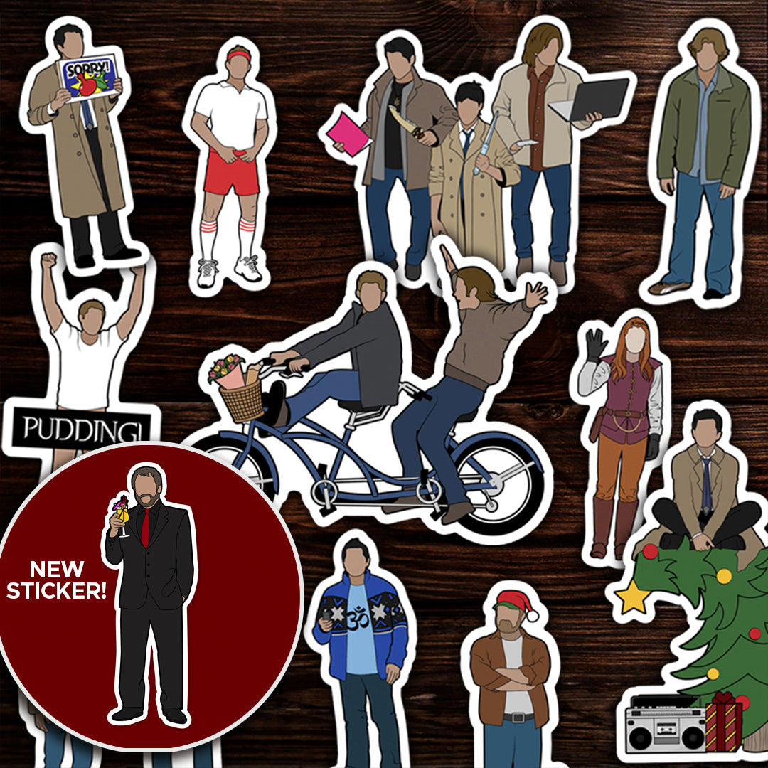 A collection of stickers based around the series Supernatural, on a wooden background.