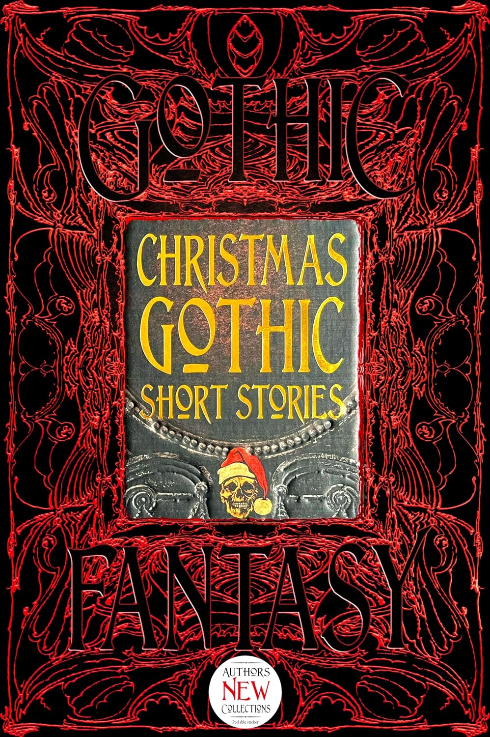 Load image into Gallery viewer, A red and black book cover. The background of the cover depicts a gothic floral pattern in red against black, with the words gothic fantasy spelled out in the pattern. In the center is a gray stone tablet, with a skull at the bottom wearing a Santa Claus hat. Yellow text above the skull says Christmas Gothic Short Stories.
