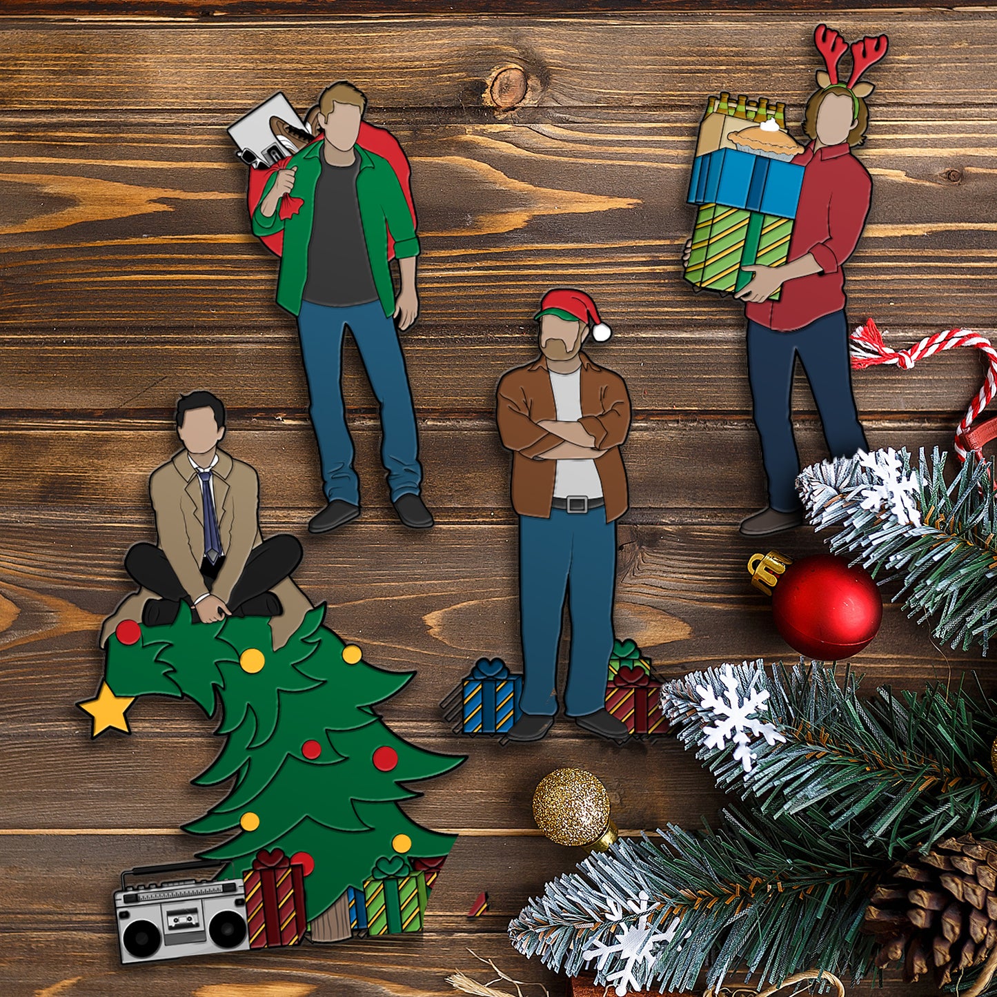 Decorative SPN figures on a wooden surface with ornaments.