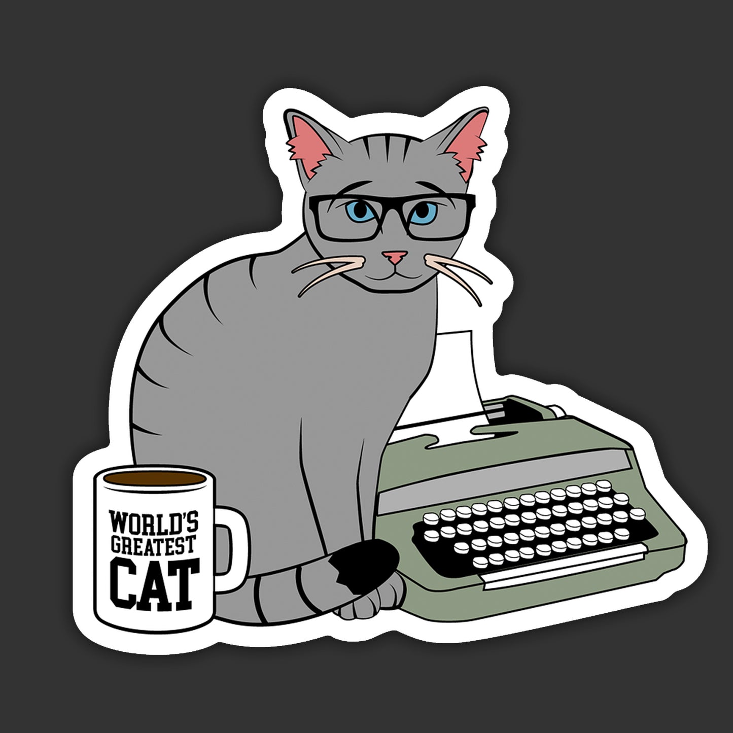 Sticker of a cat wearing glasses with a typewriter and mug on a dark background