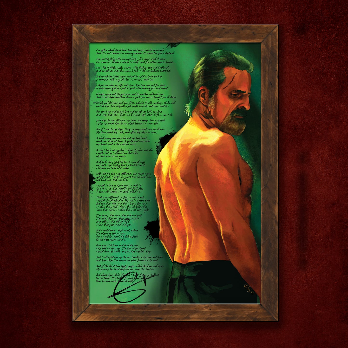 A framed lithograph against a dark maroon wall. The lithograph depicts a drawing of the character Izzy from the series "our flag means death," against a green background. Next to Izzy is a long column of small back text.