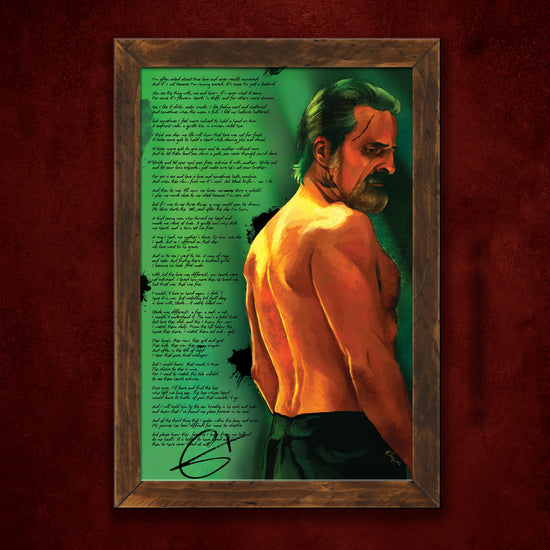 A framed lithograph against a dark maroon wall. The lithograph depicts a drawing of the character Izzy from the series "our flag means death," against a green background. Next to Izzy is a long column of small back text.