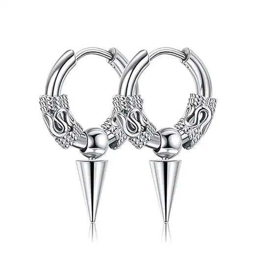 A pair of silver earrings against a white background. The earrings are hoops, with cone-shaped pendants hanging from the bottom edge. At each side of the hoops are small textured cuffs, with a snake-shaped section at the center of each.