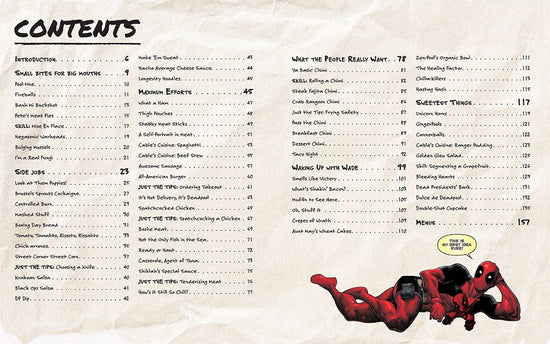 A two-page spread from the book. Across both pages is black text listing the book's table of contents. At the bottom right corner is the character Deadpool, stretched out on his side. Above him is a dialogue bubble with text saying "This is my best idea ever!"