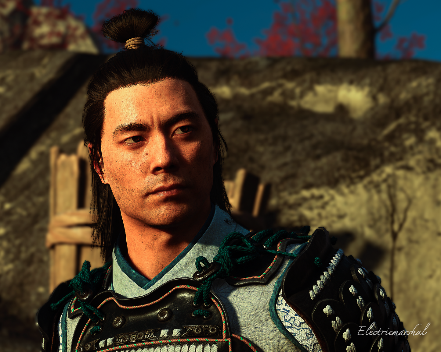 Person in traditional armor with a rustic background