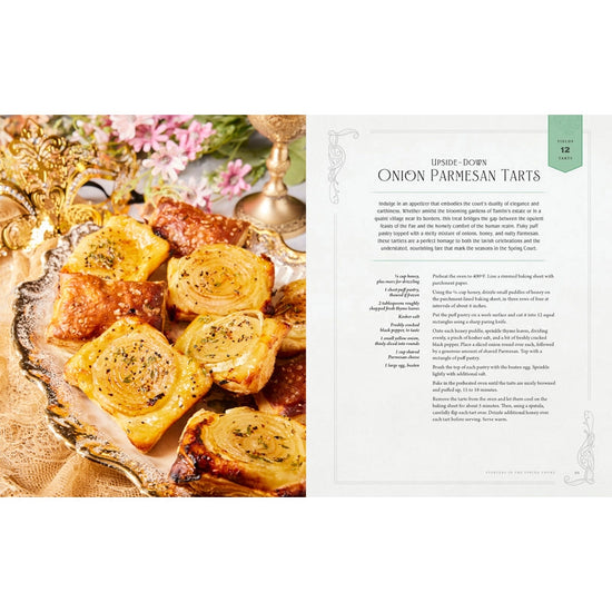 A two-page spread from the book. On the left is a picture of onion parmesan tarts on a serving platter. On the right is the recipe.