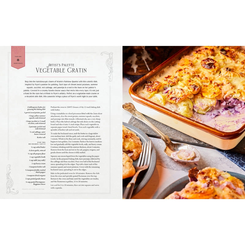 A two-page spread from the book. On the right is a picture of artist's palette vegetable gratin in a casserole dish. On the left is the recipe.