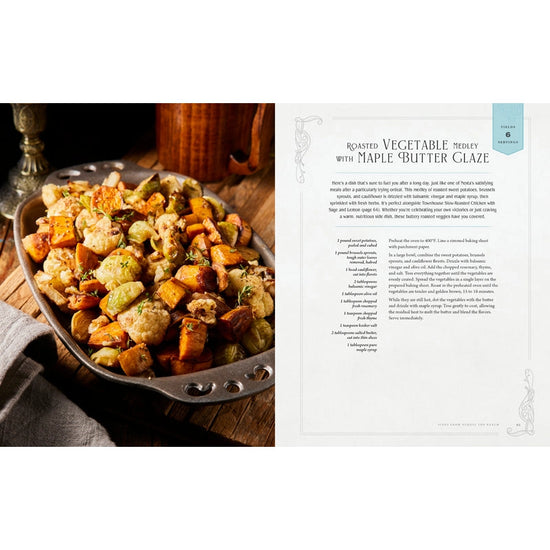 A two-page spread from the book. On the left is a picture of roasated vegetable medley with maple butter glaze in a metal serving dish. On the left is the recipe.