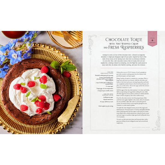 A two-page spread from the book. On the left is a picture of a chocolate torte with mint whipped cream and fresh raspberries, in a gold platter. On the right is the recipe.