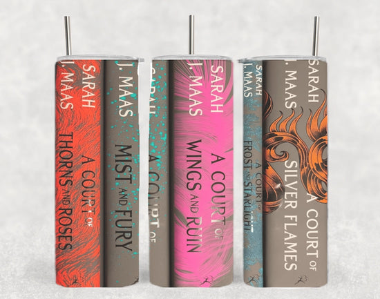 Three stainless steel tumblers on a white background. Each has a wraparound image, with different parts of the image visible on each tumbler. The combined tumblers show an image of book spines from the A Court Of Thorns And Roses series.
