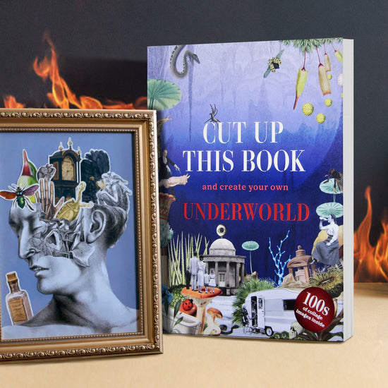A book standing on a wooden table. Across the cover are various images of people, animals, flowers, and buildings. White and red text says "cut up this book and create your own underworld." Next to the book is a framed picture, showing a drawing of a person's head with various random images affixed to it.