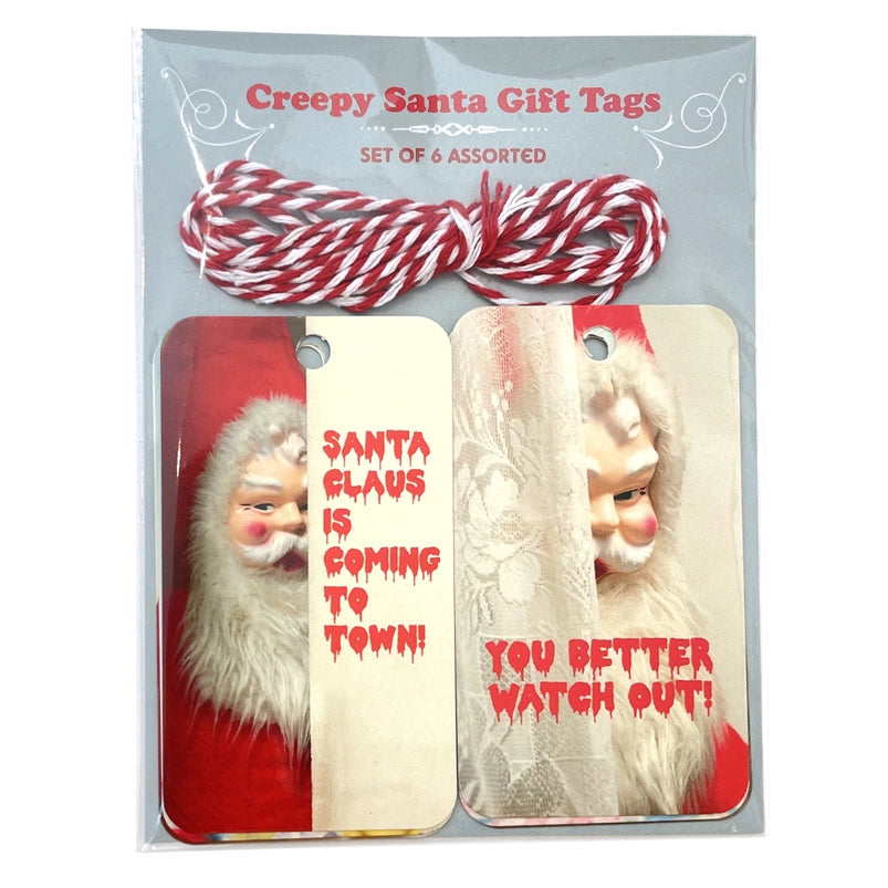 A plastic bag containing an assortment of gift tags, each depicting a creepy Santa Claus image.