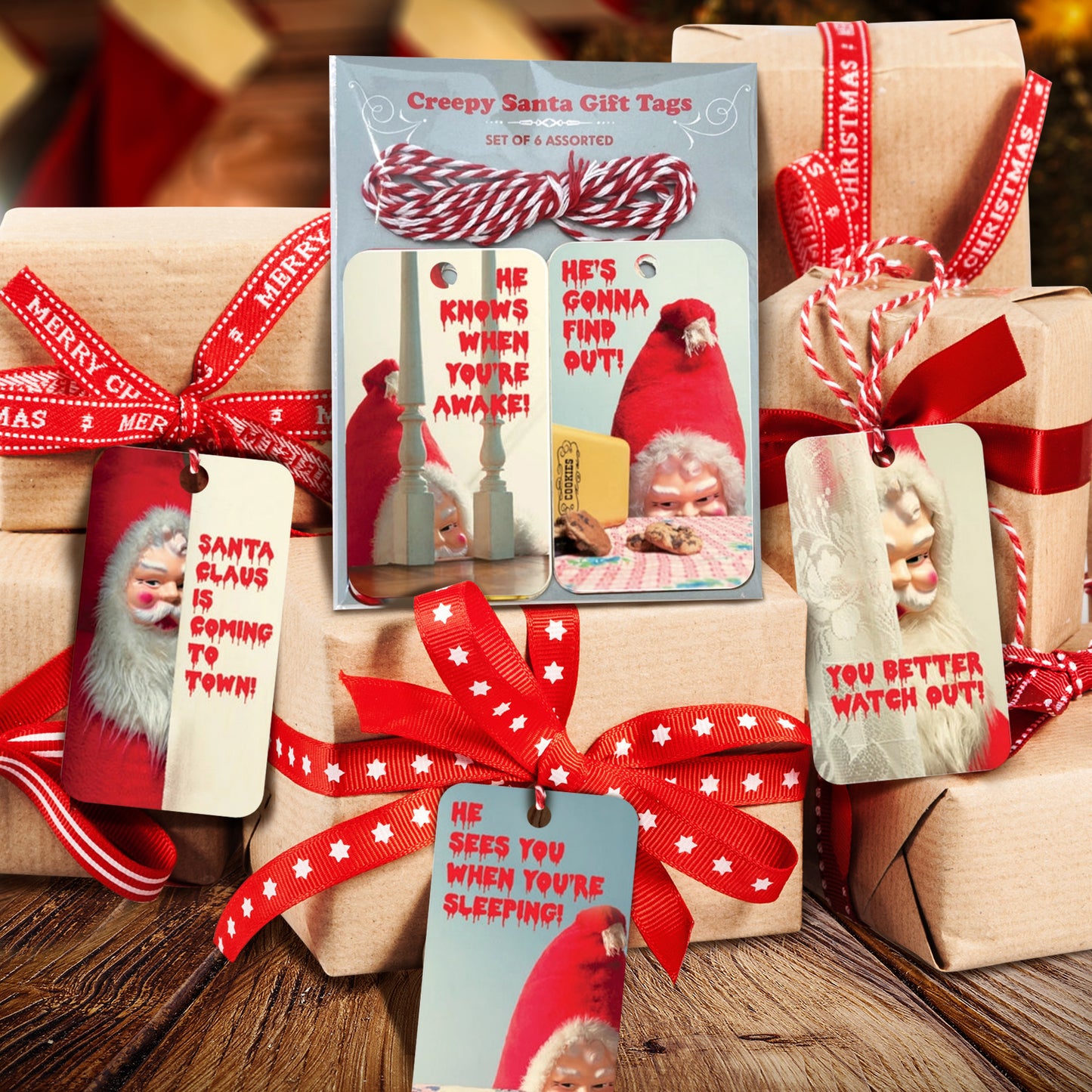 Creepy Santa gift tags on wrapped gifts with red ribbons
