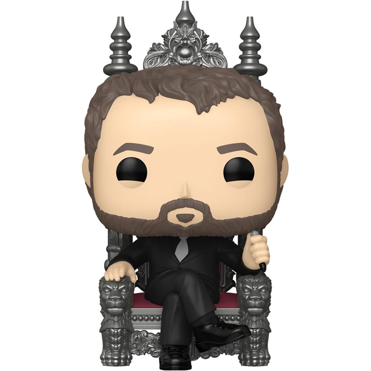 A bobblehead figure depicting the character Crowley, sitting on the silver throne of Hell.