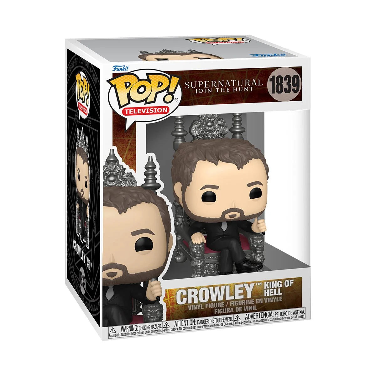 A cardboard box with a transparent front, containing a bobblehead figure depicting the character Crowley, sitting on the silver throne of Hell.