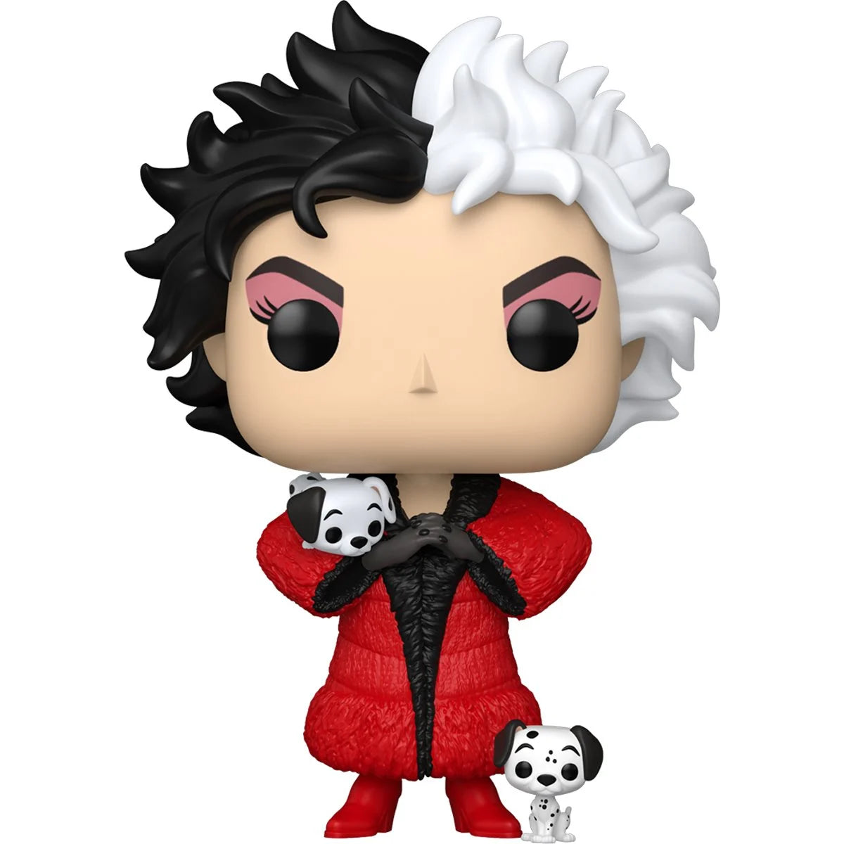 Funko Pop! vinyl figure of Cruelle De Vil in a red outfit with a small dog, on a white background