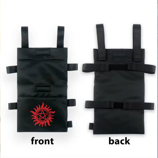 Back and front images of a black nylon pouch. On the front is the anti-possession symbol in red. The back shows the velcro straps that attach the pouch to a crutch.