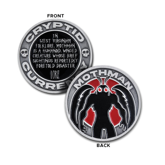 A front and back image of a brass coin, on a white background. On the front is a black silhouette of Mothman. On the back is a black circle with white text saying "in west virginian folklore, mothman is a humanoid, winged creature whose brief sightings reportedly foretold disaster: Lore." Around the edge of the coin are stamped letters saying "cryptid currency."