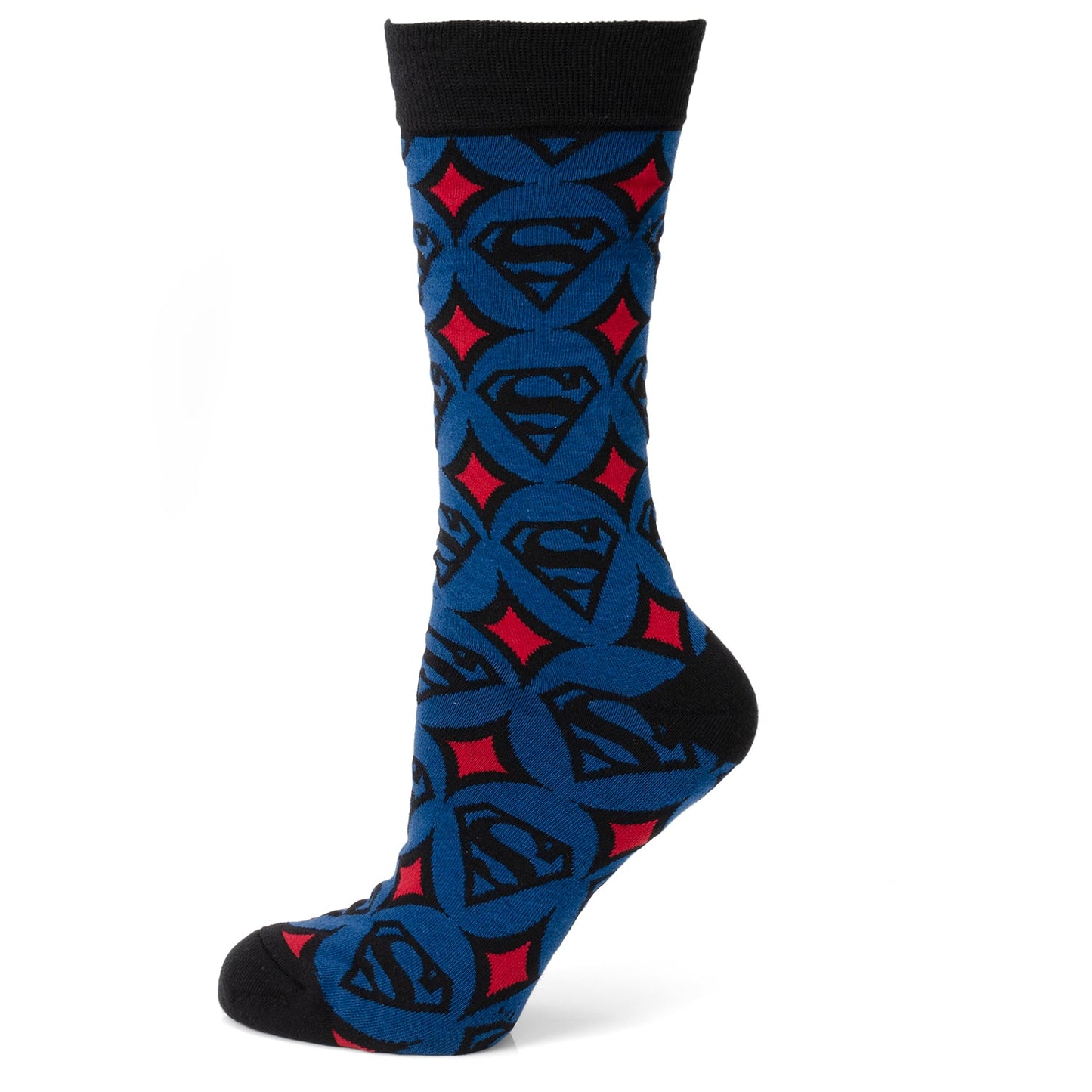 Superman-themed sock with blue, red, and black design on a white background