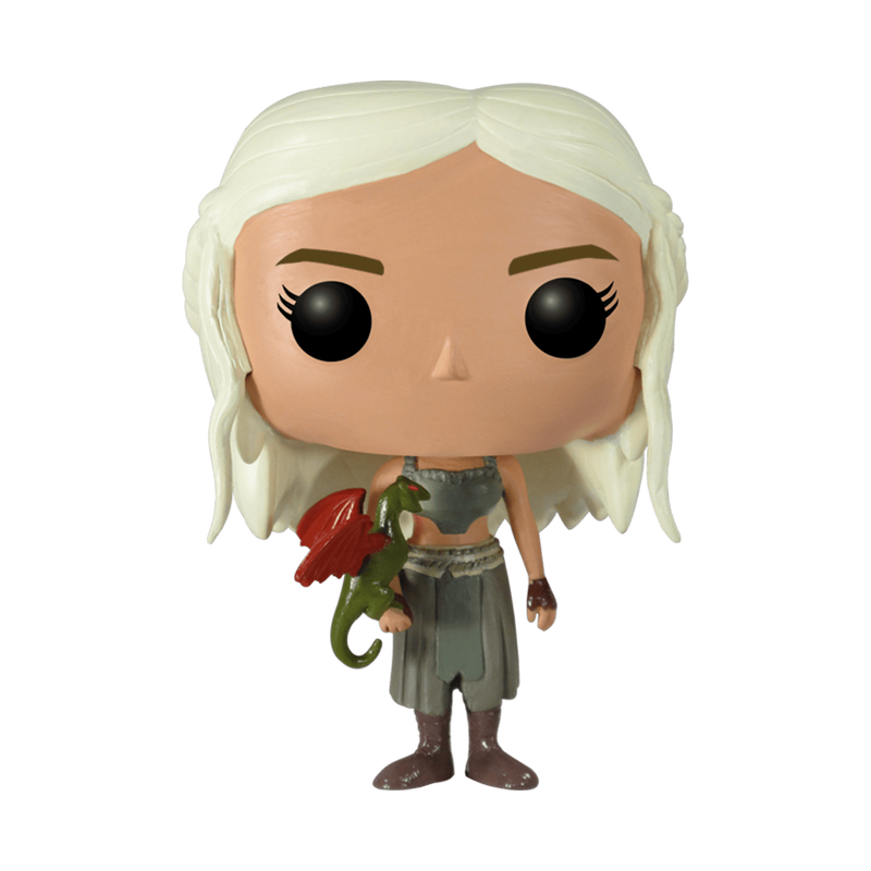 A bobblehead figure depicting Daenerys Targaryen in a green outfit, with a red dragon curled on her hand.