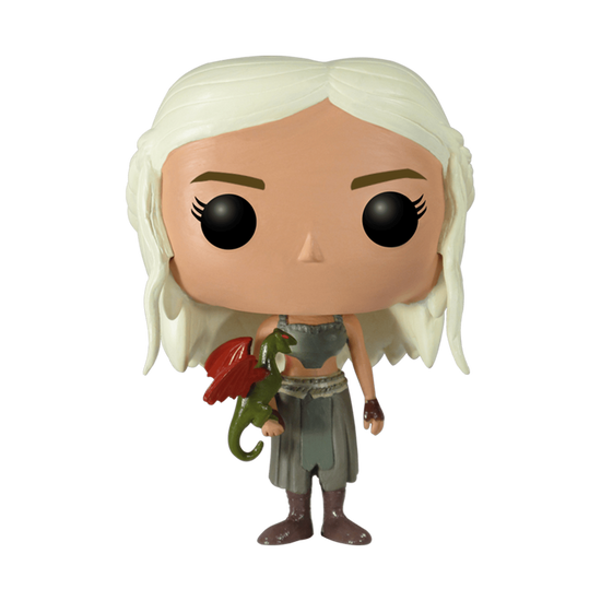 A bobblehead figure depicting Daenerys Targaryen in a green outfit, with a red dragon curled on her hand.