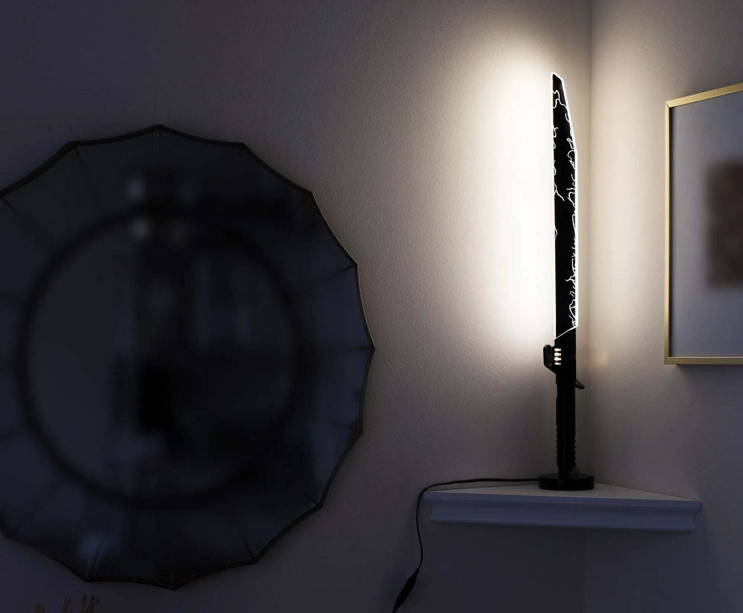 An LED Lamp depicting the Darksaber from "The Mandalorian" series.