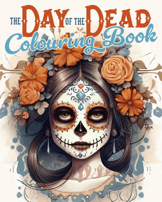 A white coloring book with Day of the Dead imagery on the front cover. Red and blue text says "the Day of the dead coloring book."