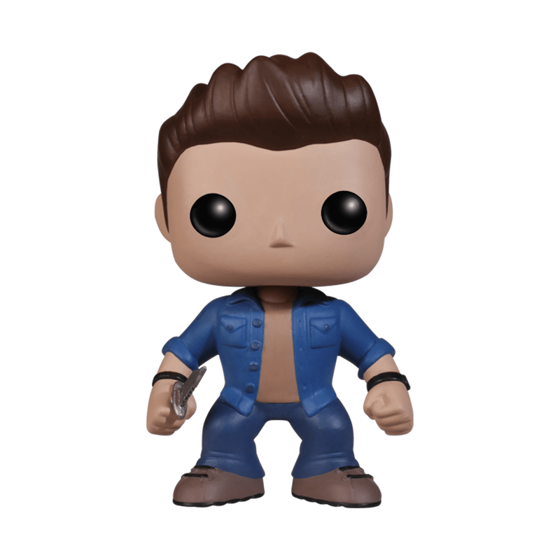 A vinyl Funko Pop figure of the character Dean Winchester from the TV series "Supernatural." The figure is in blue jeans and a blue denim shirt, and is carrying a knife in one hand.