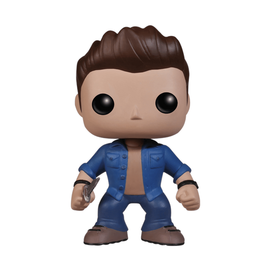 A vinyl Funko Pop figure of the character Dean Winchester from the TV series "Supernatural." The figure is in blue jeans and a blue denim shirt, and is carrying a knife in one hand.