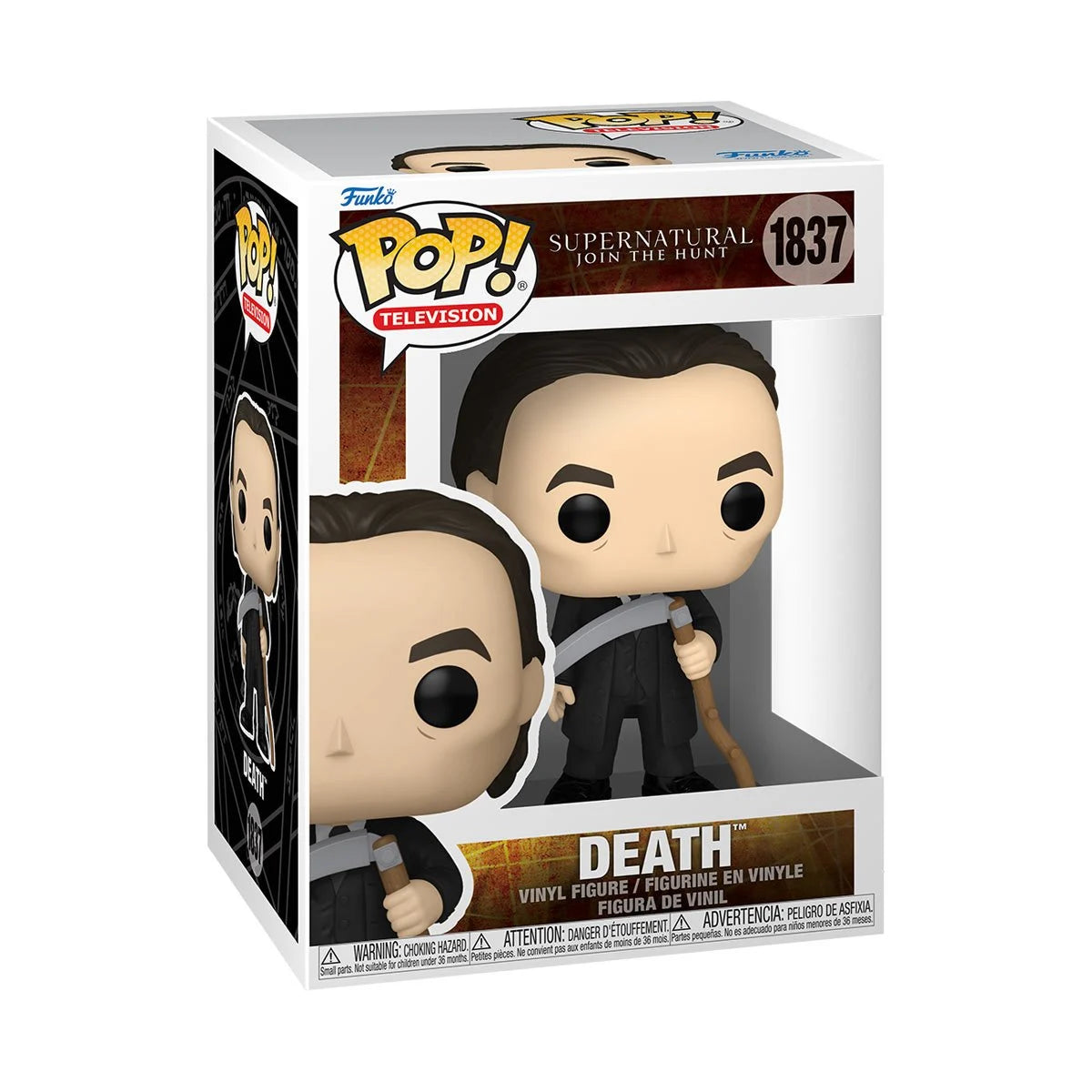 A cardboard box with a transparent front, containing a bobblehead figure depicting the character Death, wearing a black suit and carrying a scythe.