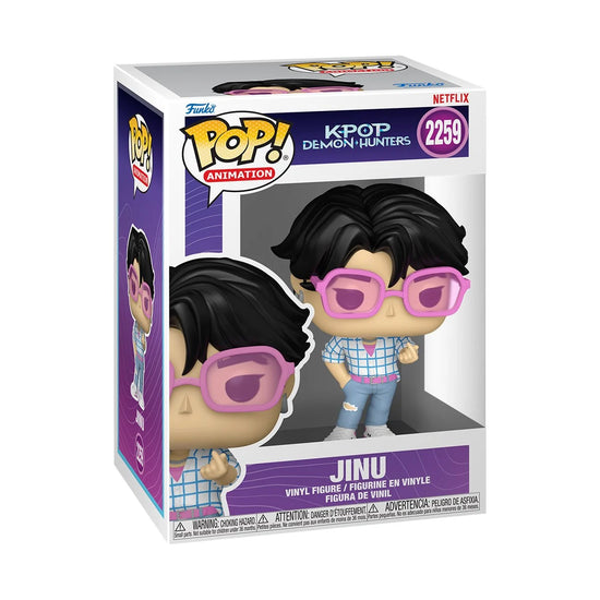 A Funko Pop! vinyl figurine depicting the character Jinu from the series "KPop Demon Hunters." The figurine is in a Funko package with a window display.