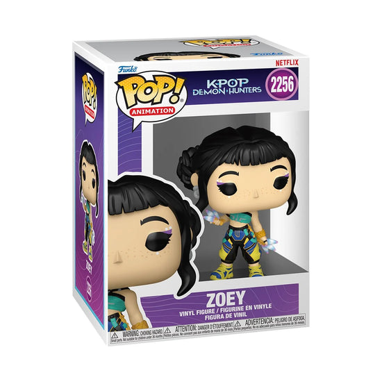 A Funko Pop! vinyl figurine depicting the character Zoey from the series "KPop Demon Hunters." The figurine is in a Funko package with a window display.