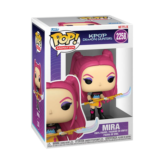 A Funko Pop! vinyl figurine depicting the character Mira from the series "KPop Demon Hunters." The figurine is in a Funko package with a window display.