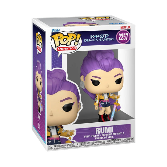 A Funko Pop! vinyl figurine depicting the character Rumi from the series "KPop Demon Hunters." The figurine is in a Funko package with a window display.