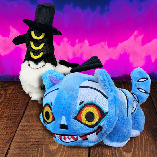 Two plush toys on a wooden surface with a colorful background