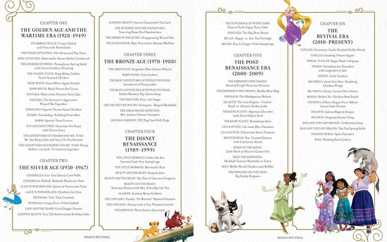 A two-page spread from the book, with the chapters listed in columns, divided by eras in Disney history. Various Disney cartoon characters are depicted around the pages.