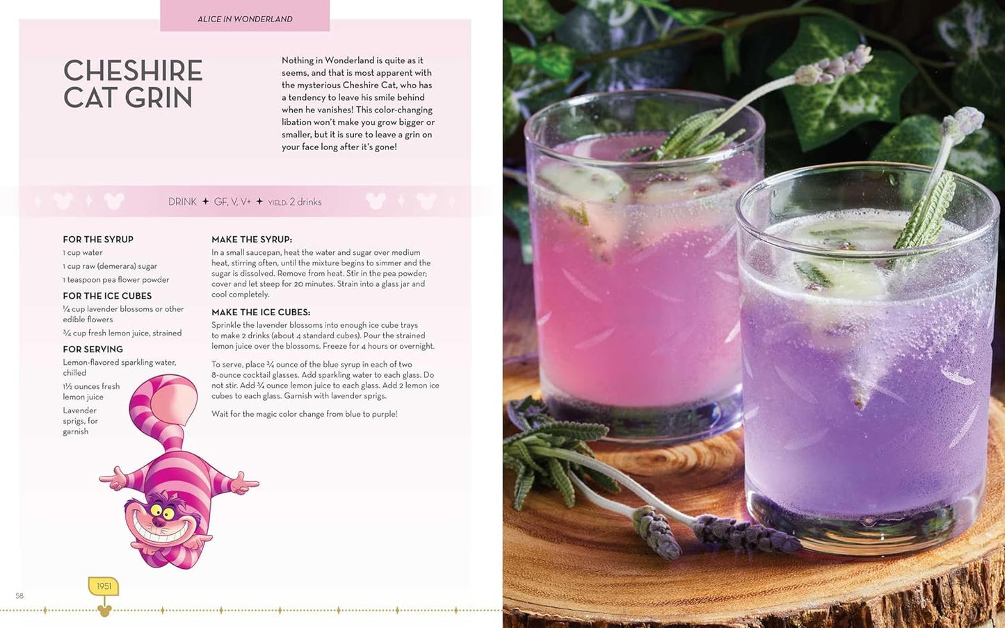 A two-page spread from the book. On the left is a recipe for a cheshire cat grin, with a drawing of the cheshire cat at the bottom. On the right are pink and purple cocktails on a wood plate.