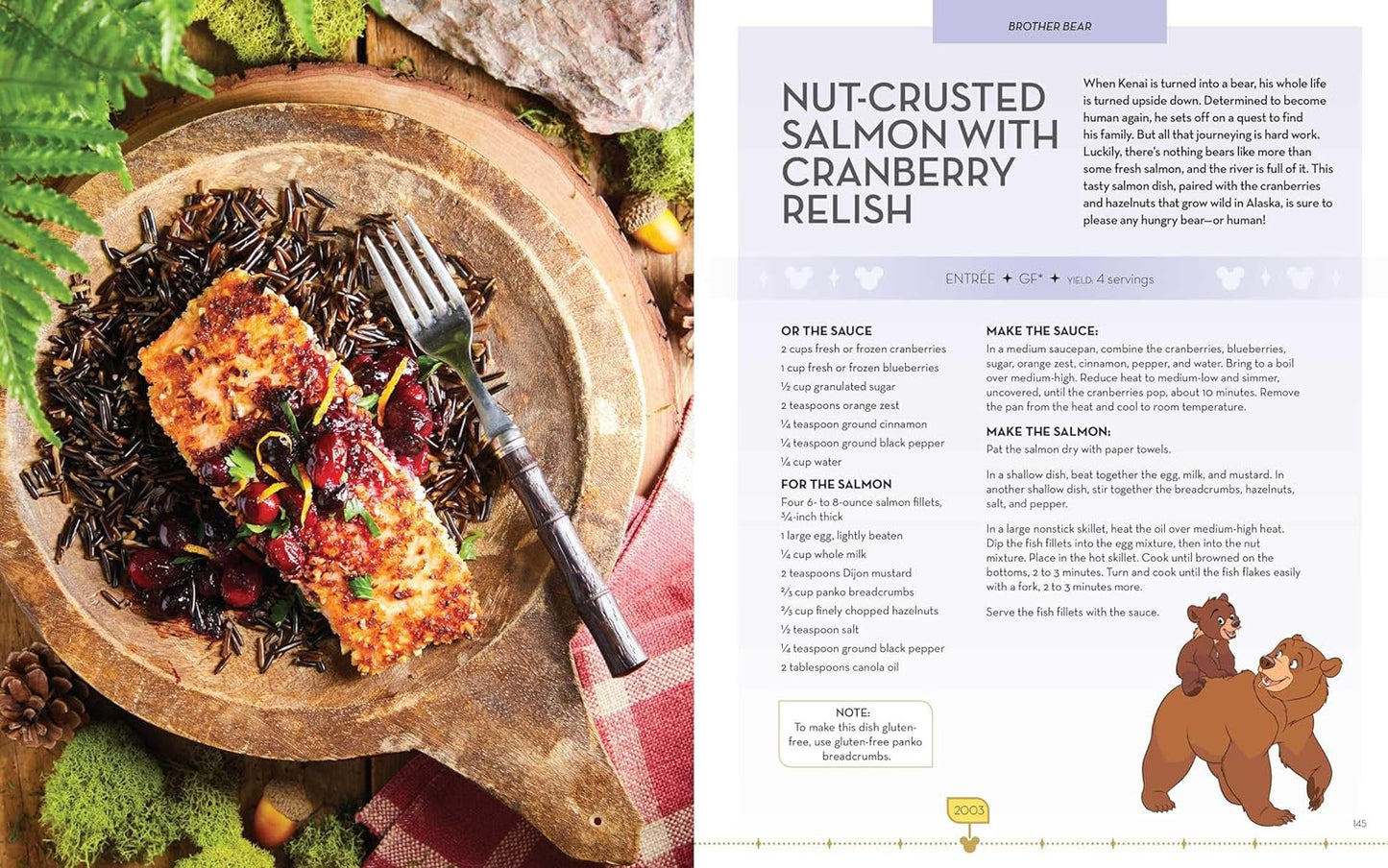 A two-page spread from the book. On the left is a wooden plate with a piece of cooked salmon on it, surrounded by red relish. On the right is a recipe for nut-crusted salmon with cranberry relish.