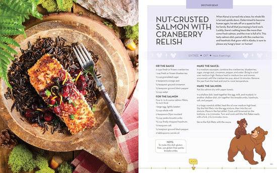 Load image into Gallery viewer, A two-page spread from the book. On the left is a wooden plate with a piece of cooked salmon on it, surrounded by red relish. On the right is a recipe for nut-crusted salmon with cranberry relish.
