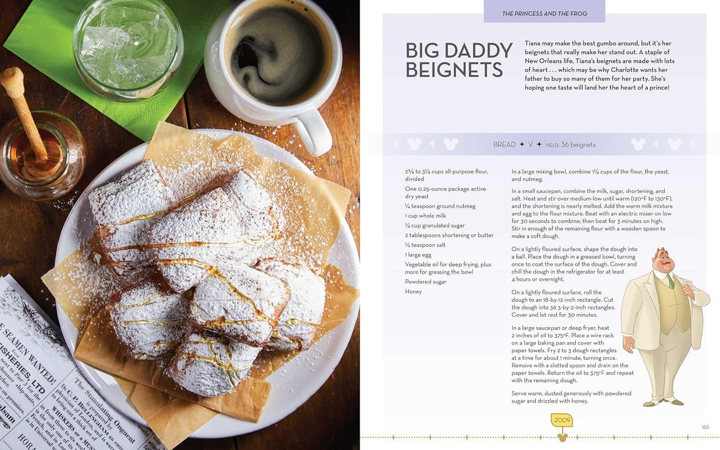 A two-page spread from the book. On the left is a plate of beignets on a plate, covered in powdered sugar. Around the plate are a mug of coffee, a glass of water, and a jar of honey. On the right is a recipe for Big Daddy Beignets.