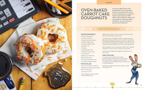 A two-page spread from the book. On the right are a pair of frosted doughnuts on a napkin, next to a police badge, a phone, pencils, and a mug of coffee. On the right is a recipe for oven-baked carrot cake doughnuts.
