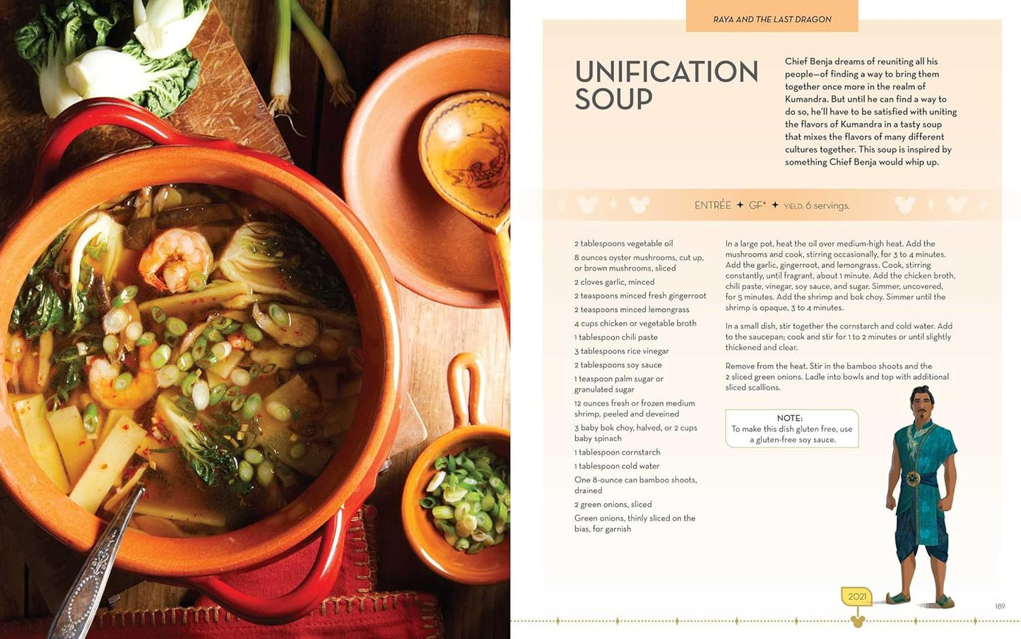 A two-page spread from the book. On the left is a bowl of vegetable soup, next to a cup of scallions, and a wooden bowl with a spoon. On the right is a recipe for unification soup.