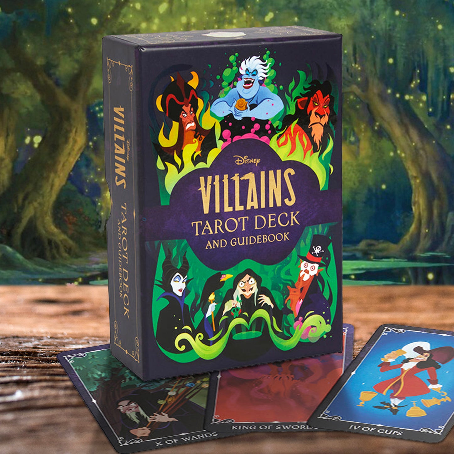 Disney Villains Tarot Deck and Guidebook with tarot cards on a mystical forest background